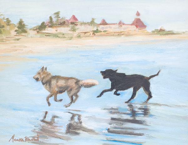 Dog running at the beach by Maureen Blackhall